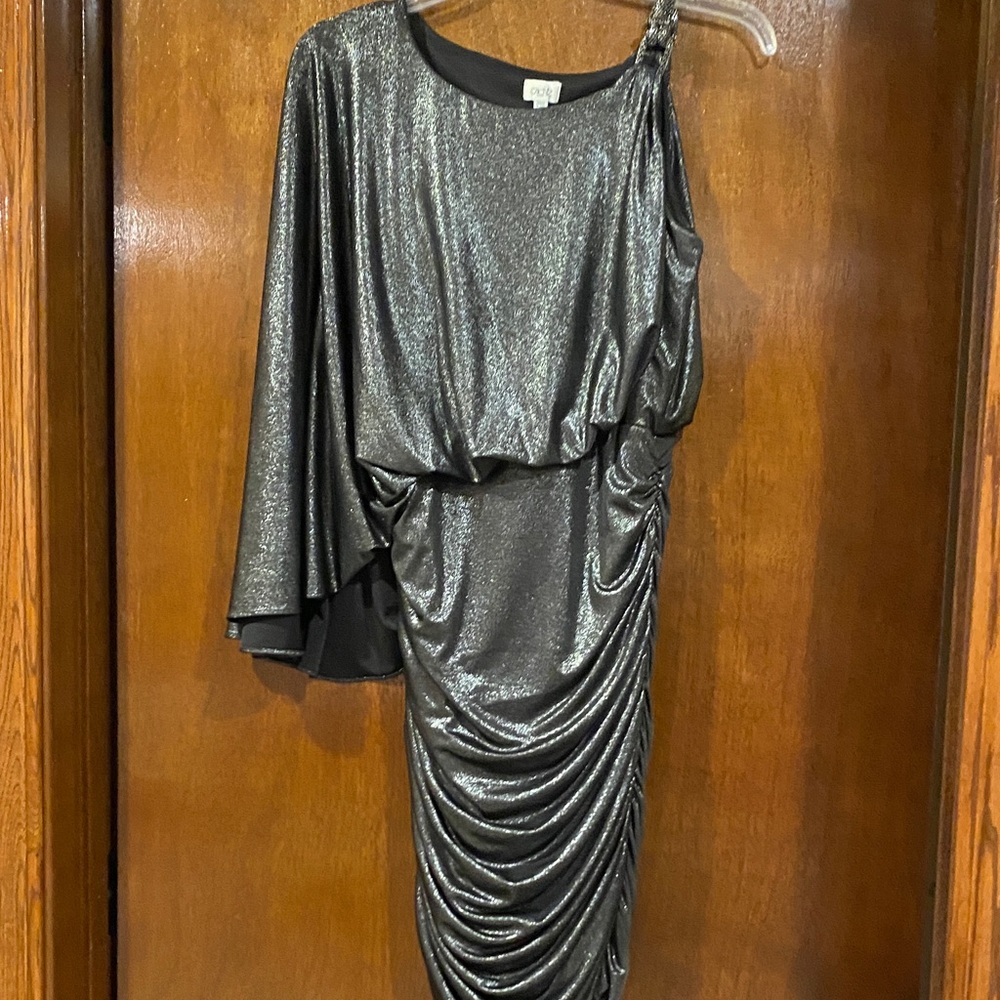 Cache One-Shoulder Metallic Silver-Gray Draped Cocktail Dress